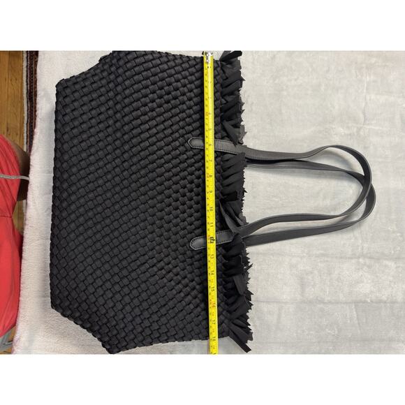 Ah-Dorned Black Woven Neoprene Fringe Tote | Soft Structured Shoulder Bag - Picture 4 of 12